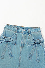 Stylish High Waist Denim Skirt with Acid Wash and Bowknot Details for Chic Outfits -