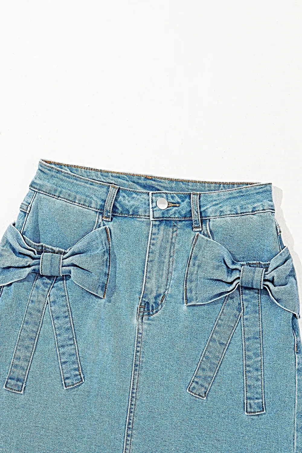 Stylish High Waist Denim Skirt with Acid Wash and Bowknot Details for Chic Outfits -