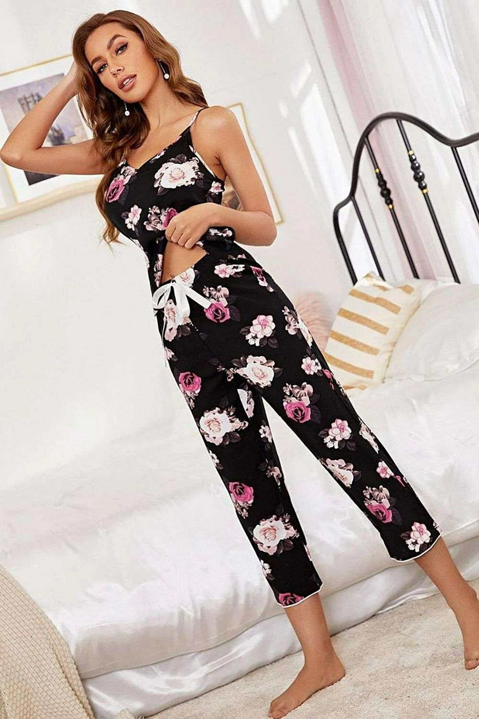 Floral V-Neck Cami and Cropped Pants Lounge Set - womans pajamas