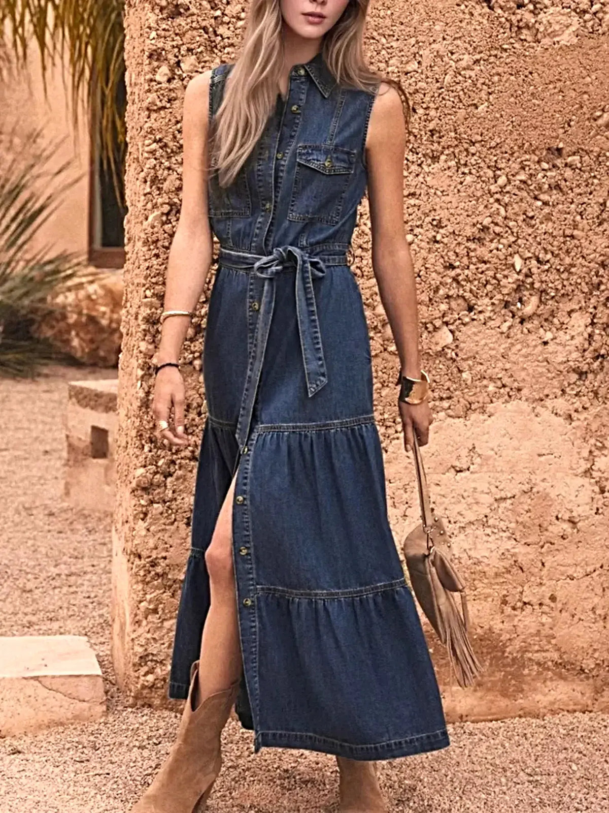 Button Front Sleeveless Denim Dress -