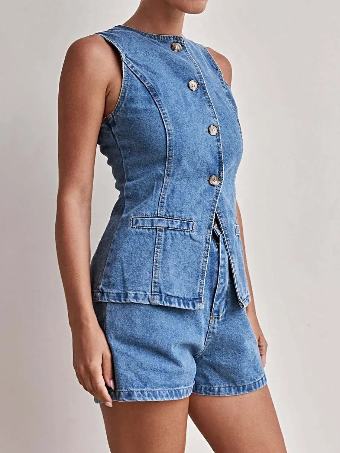 Button Down Vest and Shorts Denim Set -