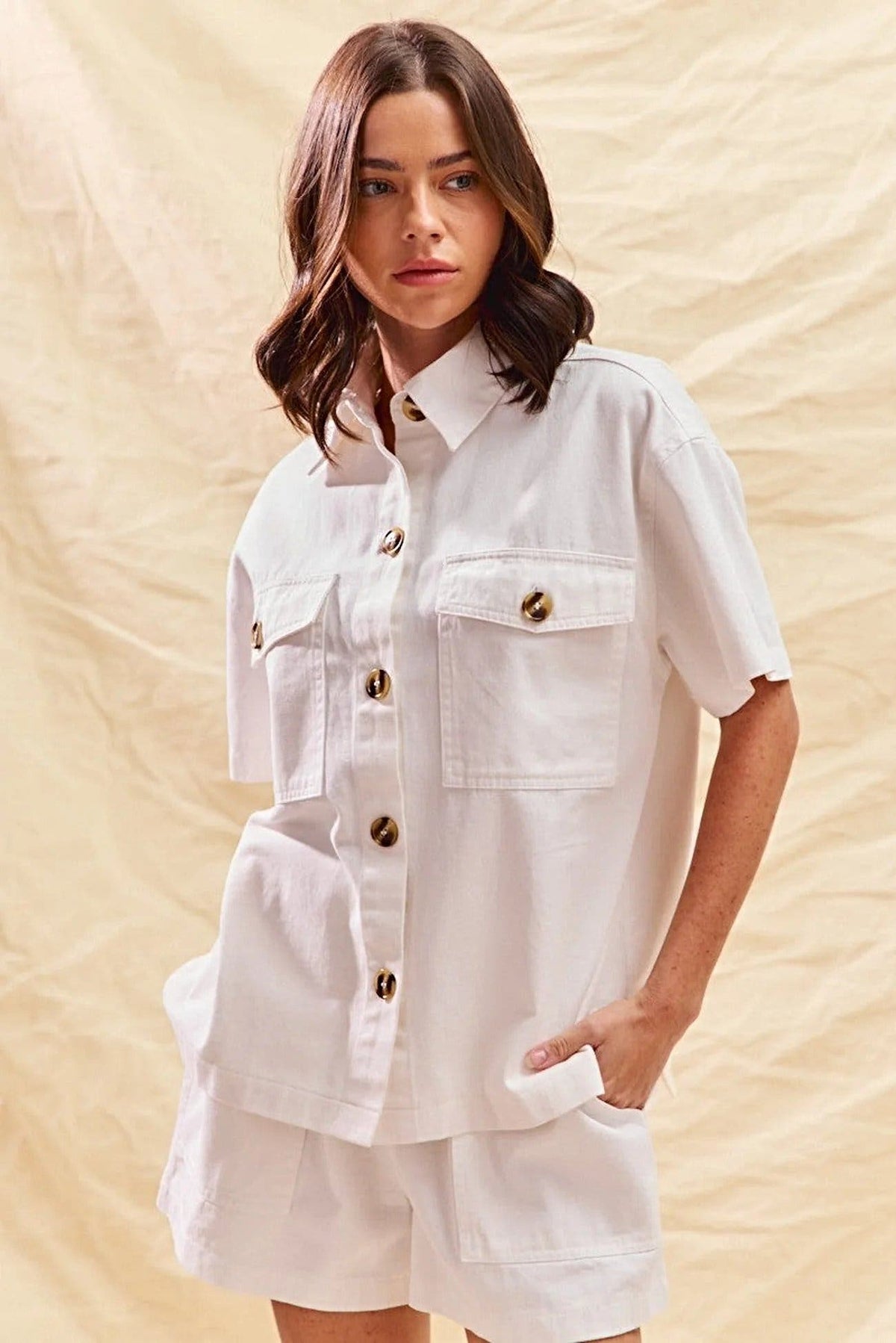 Chic Casual Spring Outfit: SO ME Button Down Denim Shirt and Shorts Set by Trendsi -