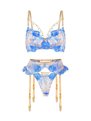 Azure Bloom Chain-Detail Embroidered Lingerie Set - 3 pcs set