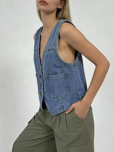 Plus Size Button-Down Denim Vest -
