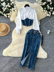 Frayed Denim Patchwork Top & Slit Maxi Skirt Denim Set -