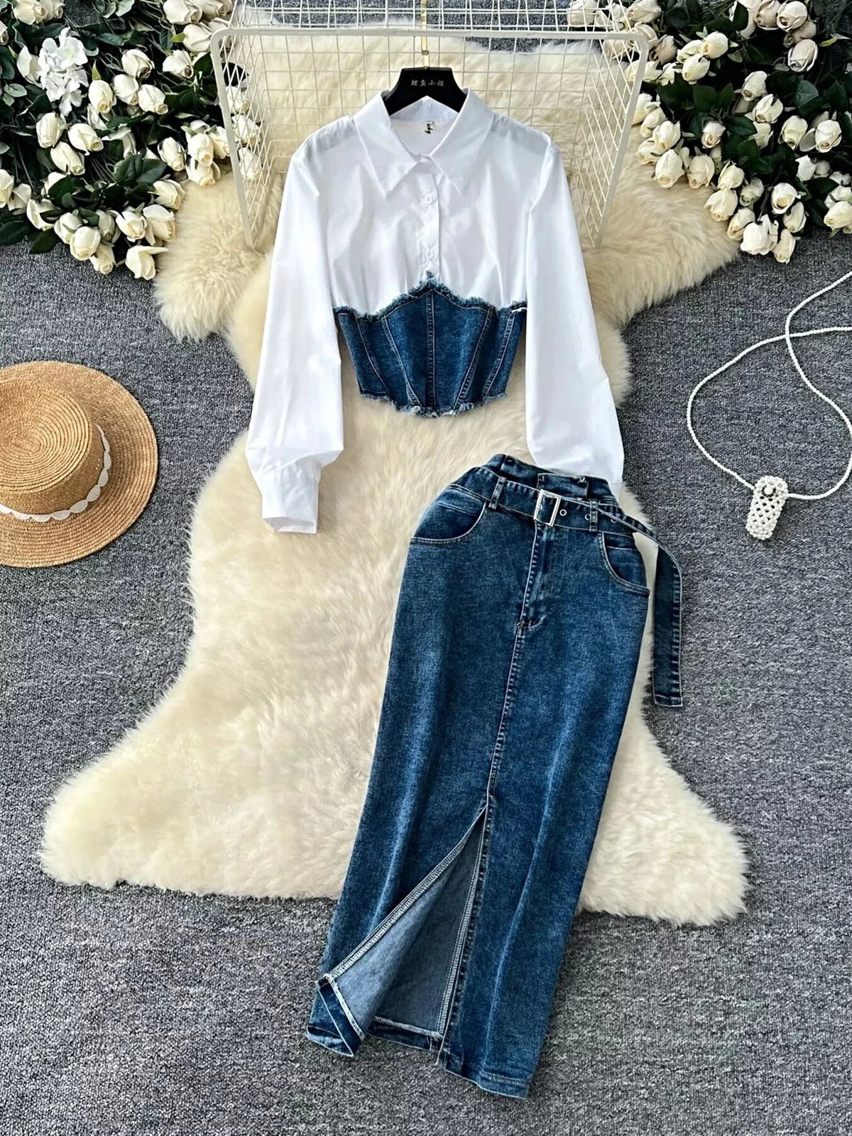 Frayed Denim Patchwork Top & Slit Maxi Skirt Denim Set -
