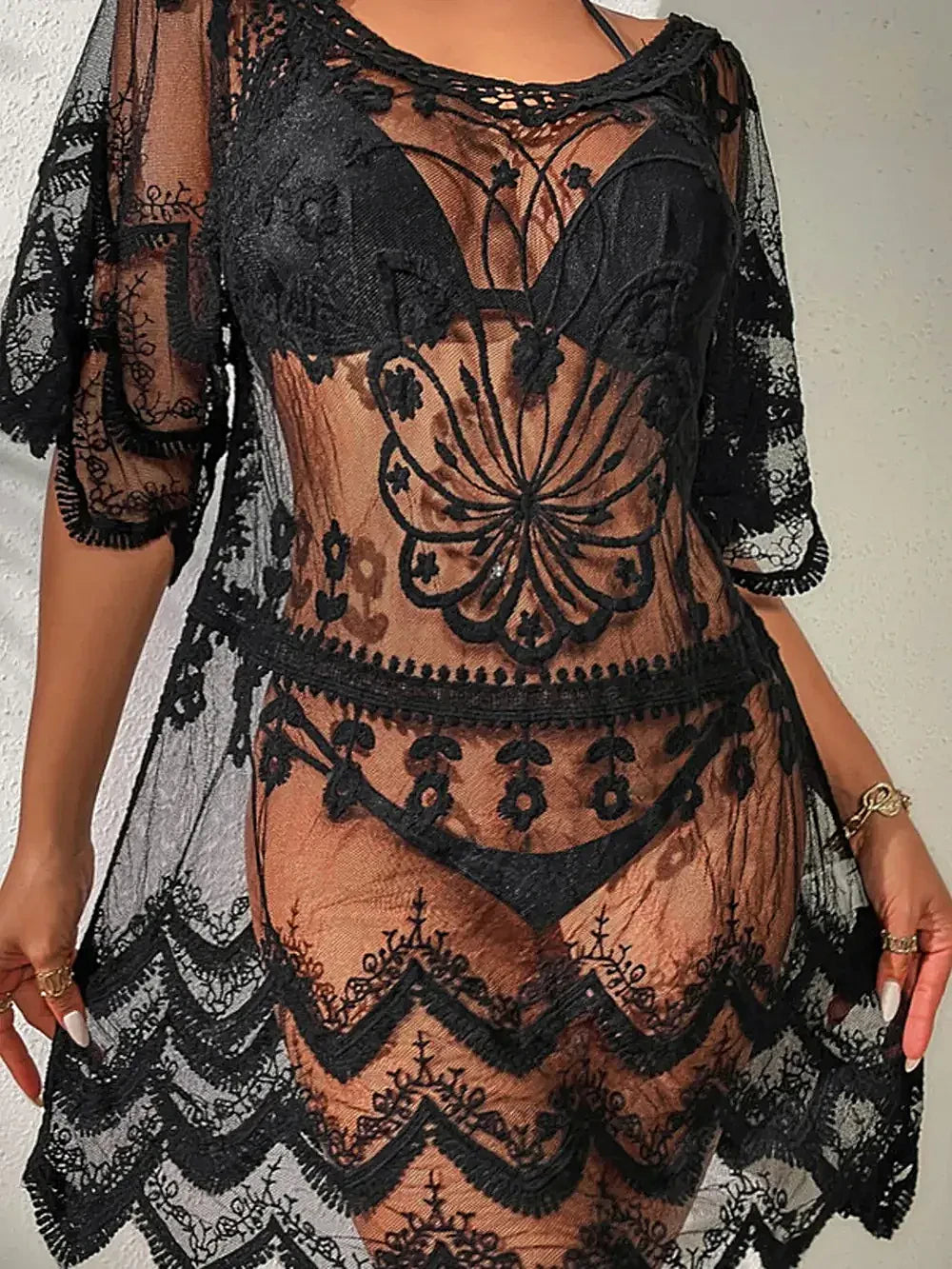Lace Round Neck Half Sleeve Cover-Up -