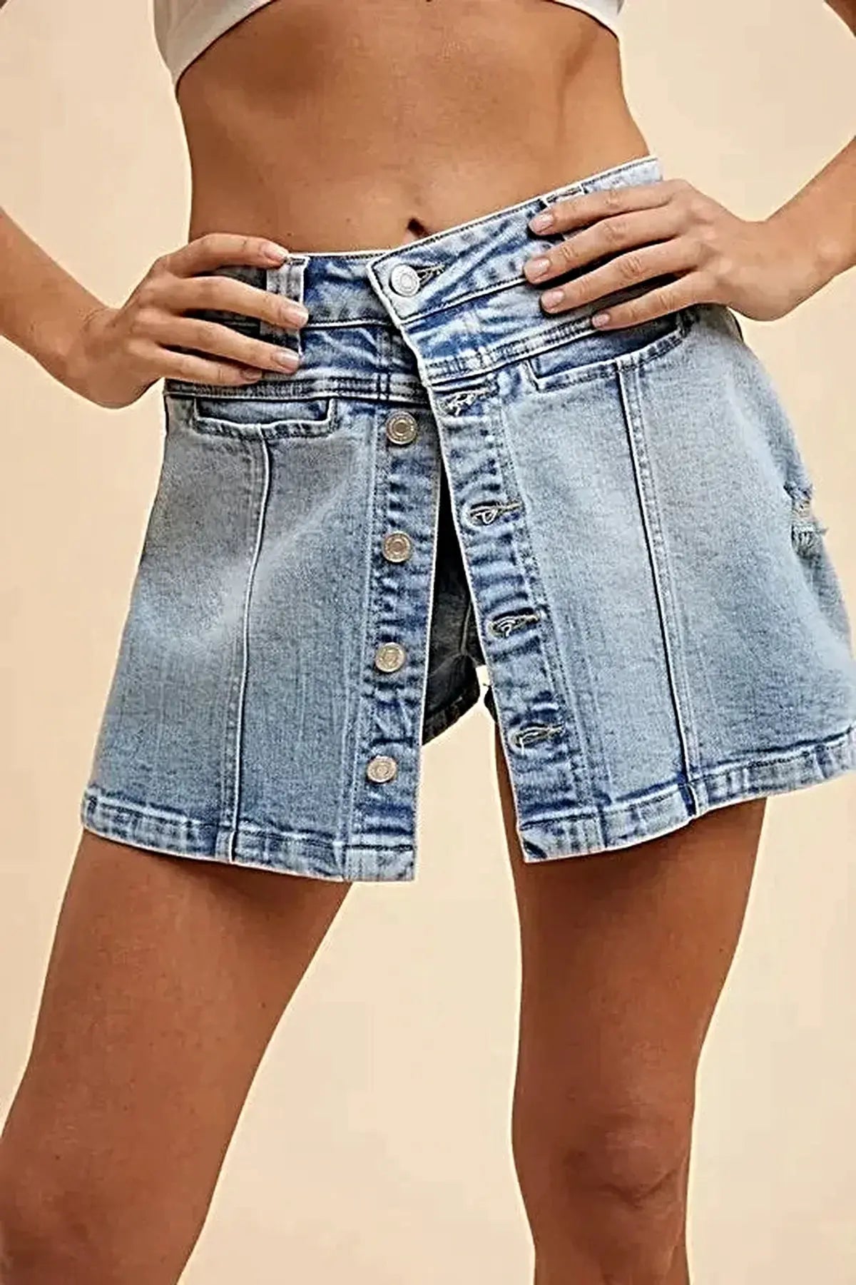 Annie Wear Button Detail Stretch Denim Wrap Mini Skort -