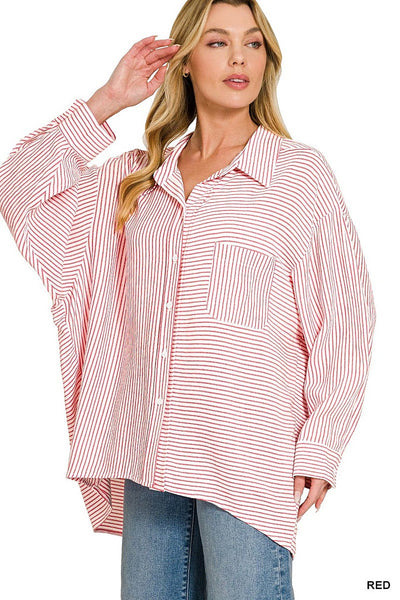 Zenana Woven Stripe Button Down Shirt -