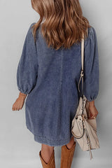 Tie Neck Long Sleeve Mini Denim Dress -
