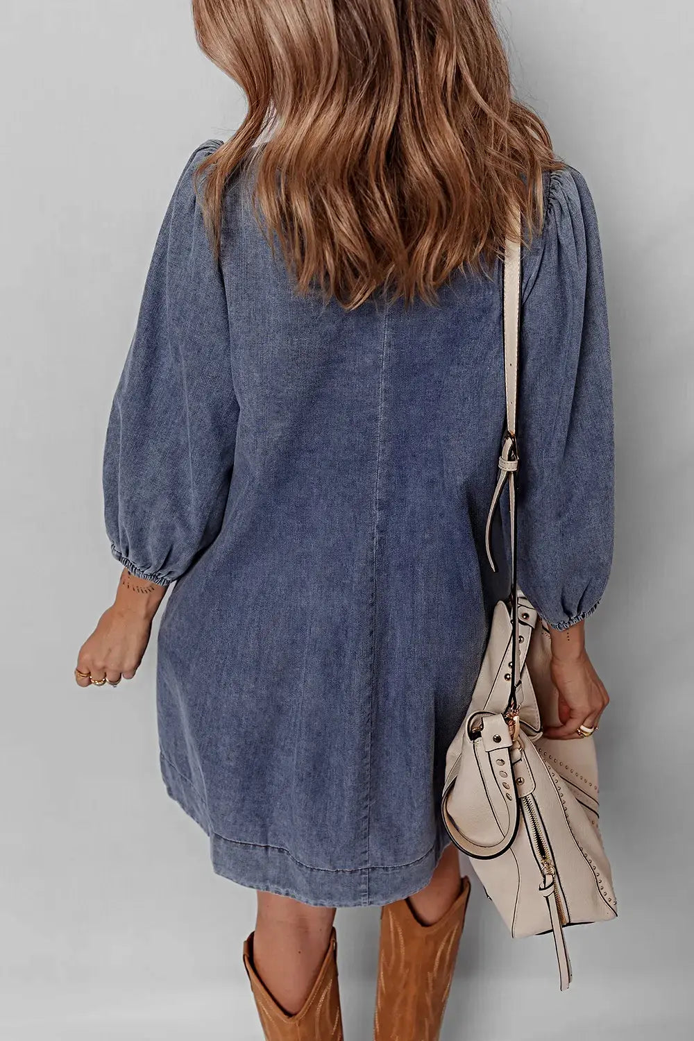Tie Neck Long Sleeve Mini Denim Dress -