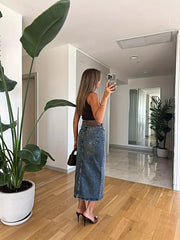 Slit Front Denim Skirt -