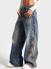 Floral Embroidered Wide Leg Jeans -