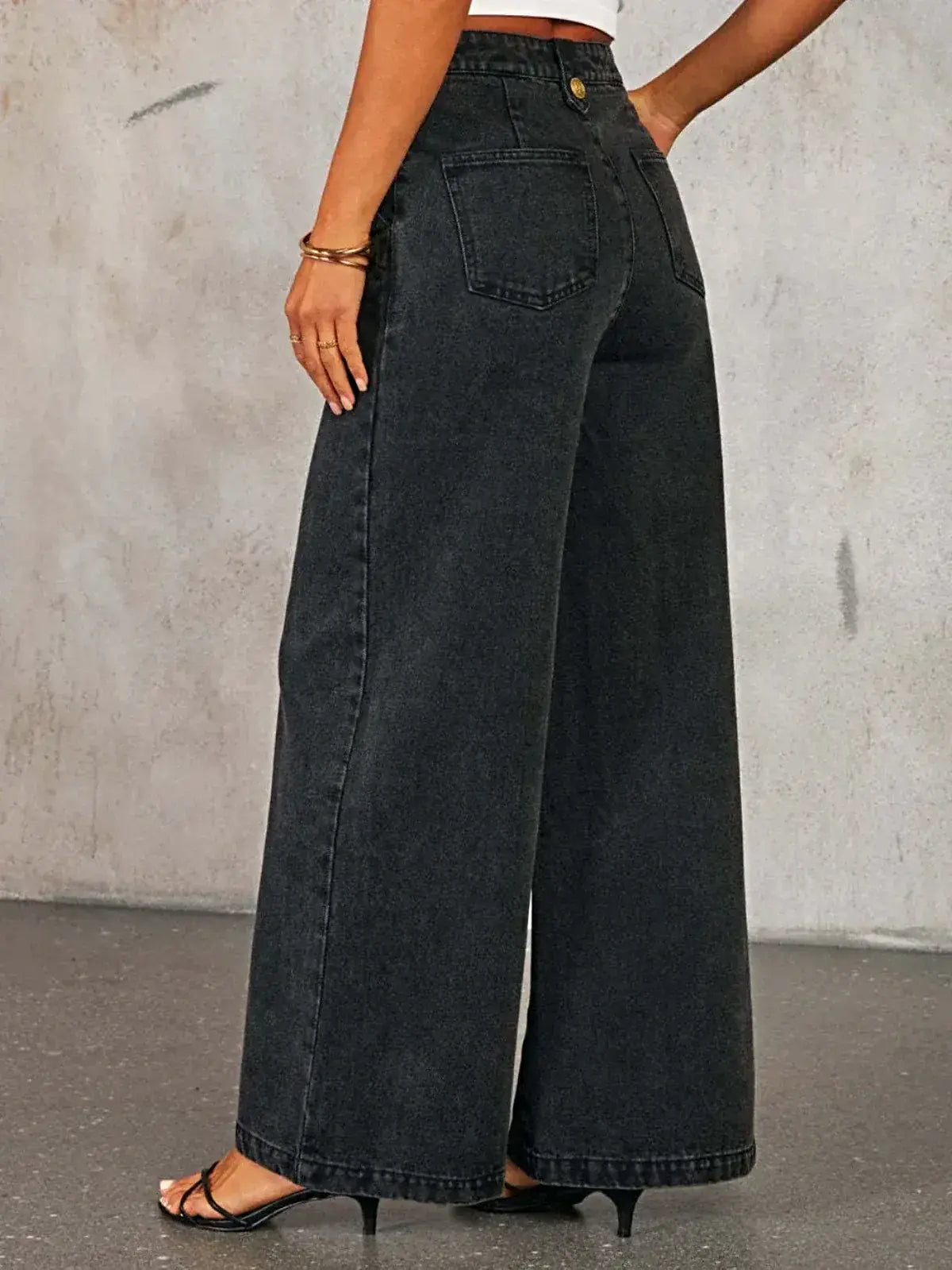 Button Down Vest and Wide Leg Jeans Denim Set -