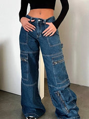 Zipper Pocket Wide Leg Cargo Jeans -