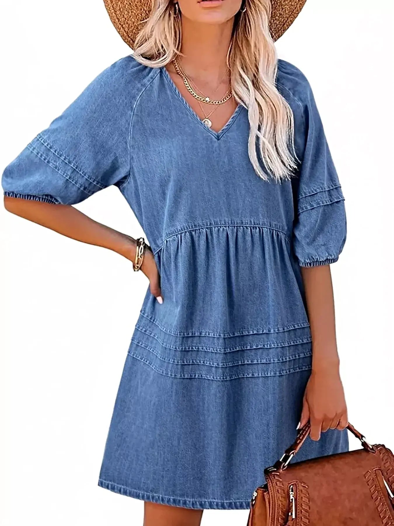 Casual V-Neck Puff Sleeve Denim Mini Dress -