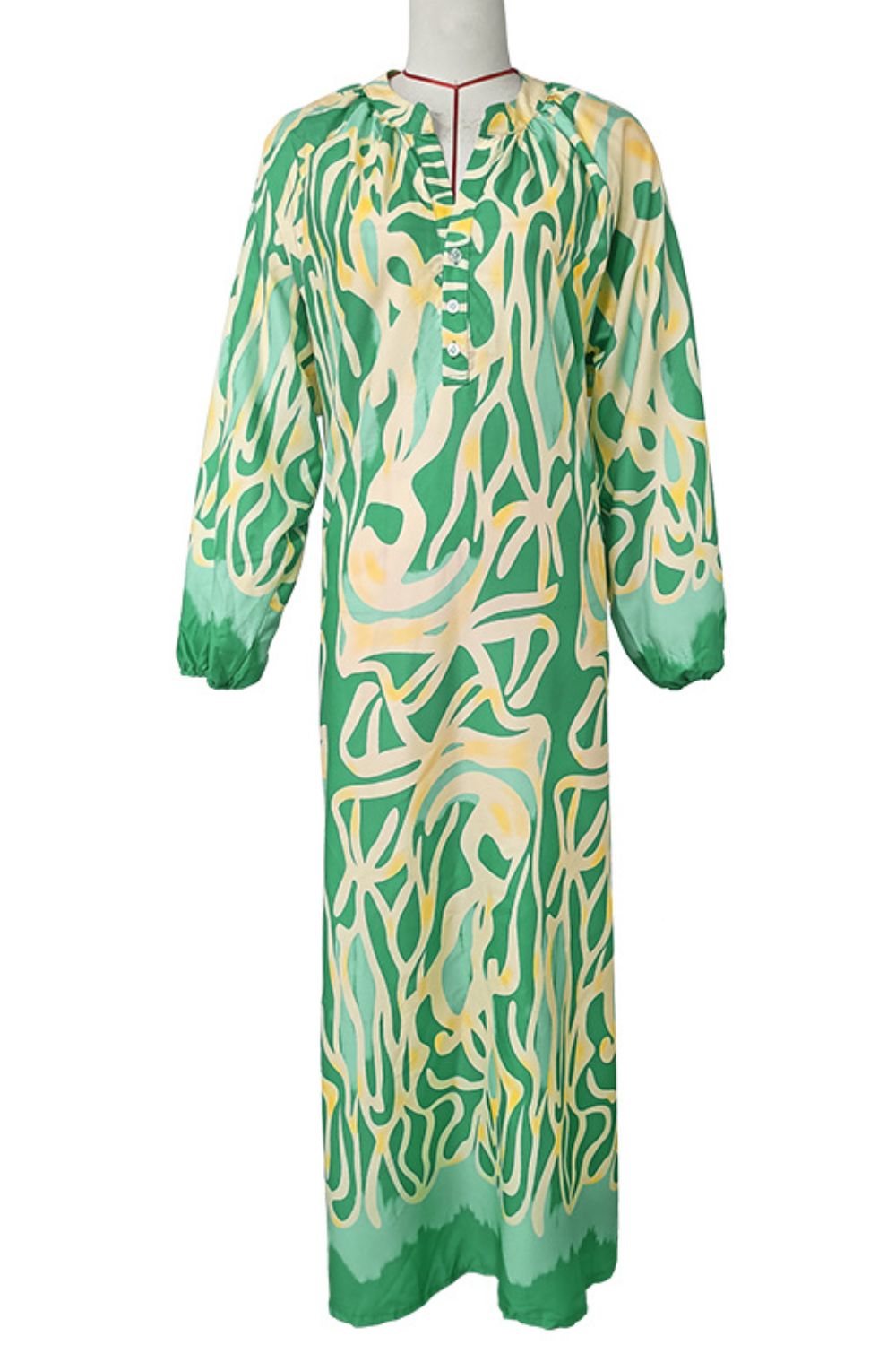 Maxi Dress With Elegant Abstract Print, Buttoned Balloon Sleeves, And Notched Neckline