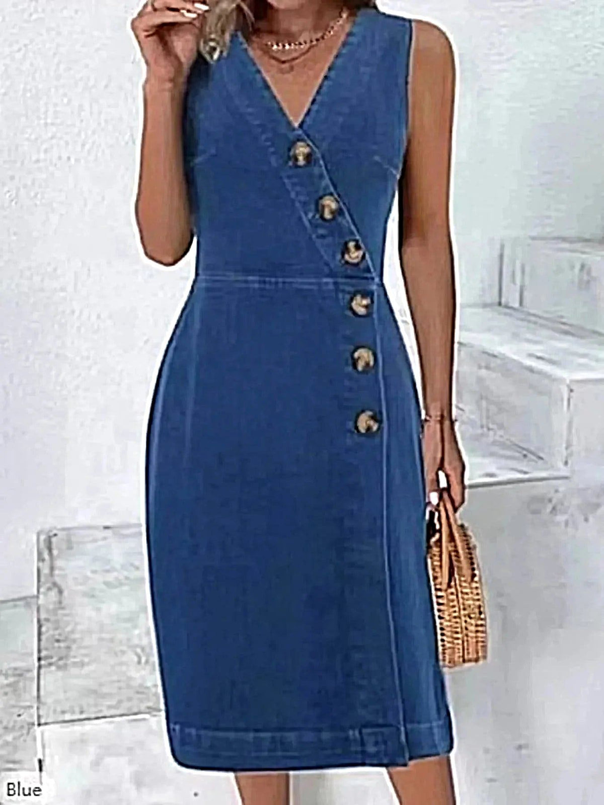 Chic Button-Front Sleeveless Denim Dress with Classic Cotton Blend, Sizes S-2XL -