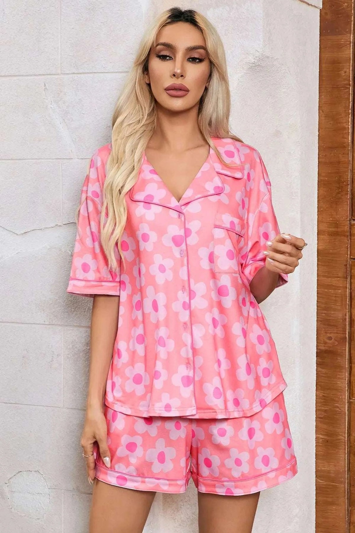 Pocketed Flower Half Sleeve Top and Shorts Lounge Set -