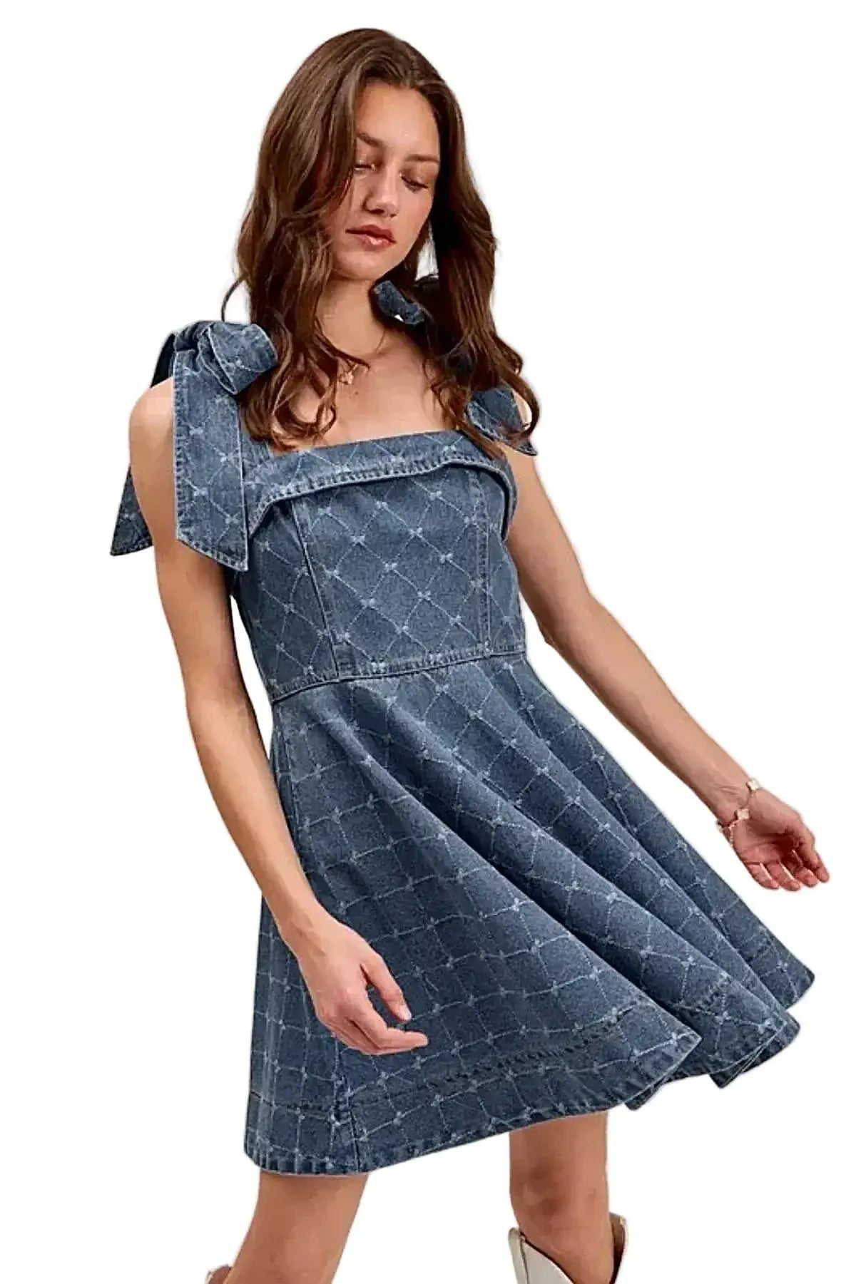 Elegant A-Line Fit and Flare Denim Dress with Diamond Bow Ribbon Detail -