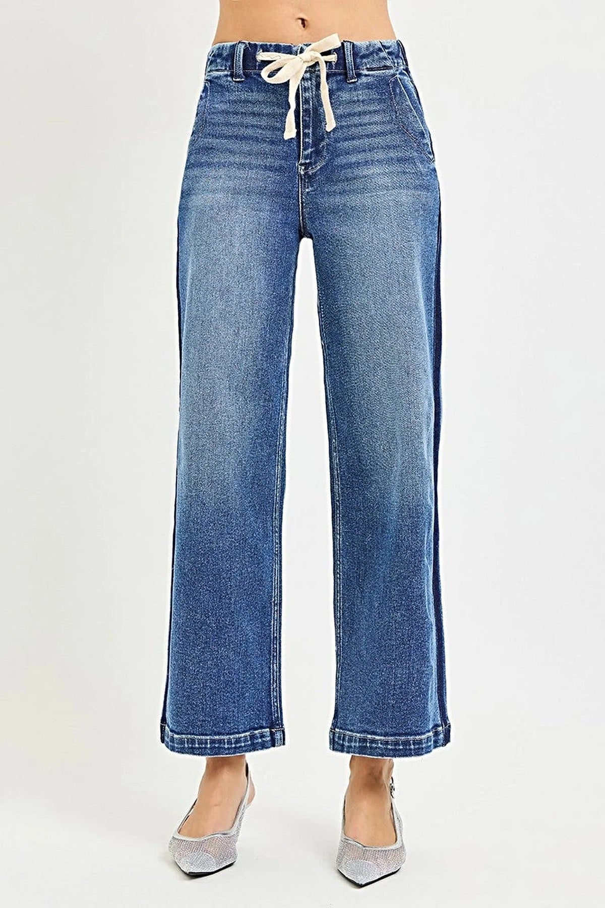 RISEN Elastic Band High Rise Cropped Wide Jeans -
