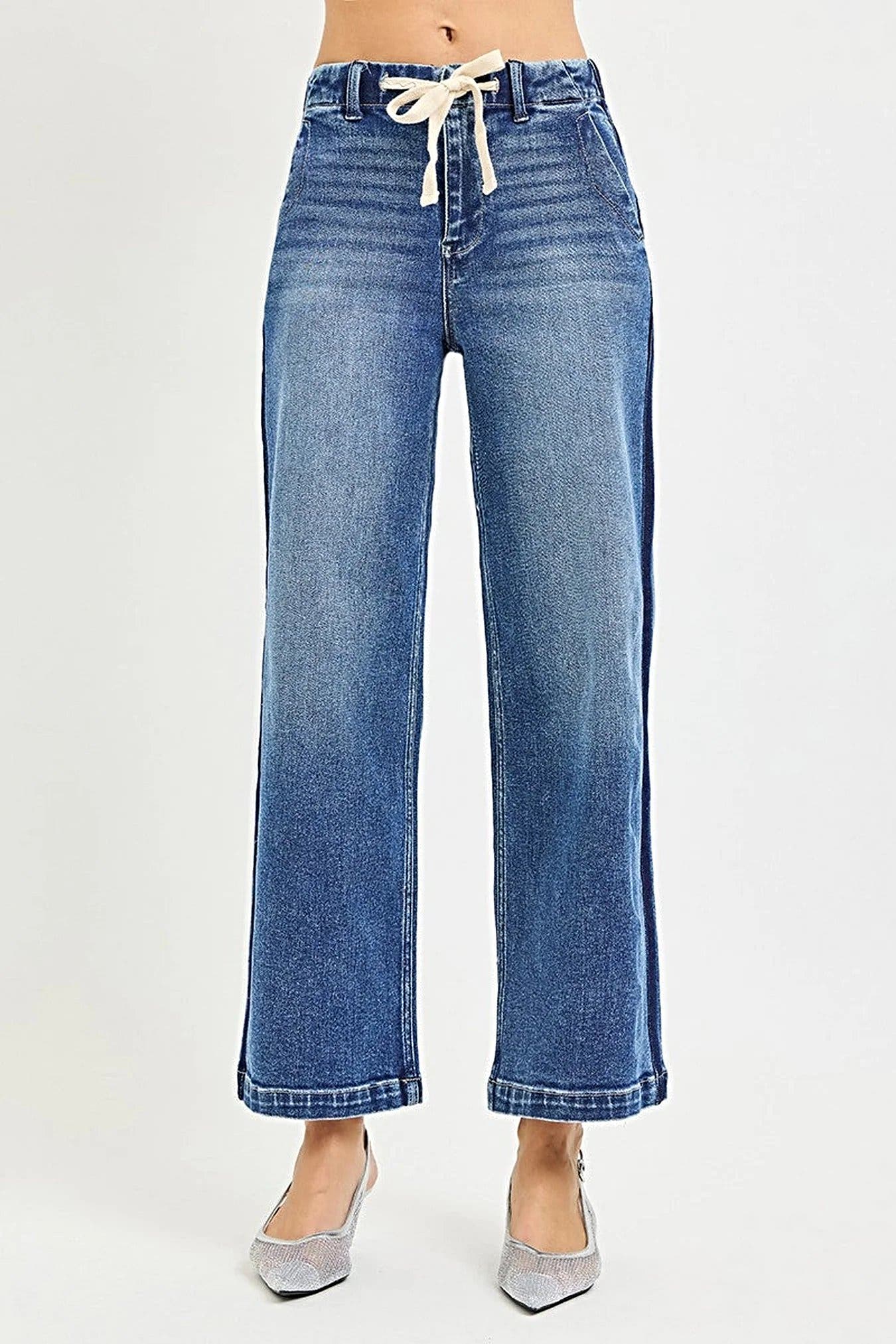 RISEN Elastic Band High Rise Cropped Wide Jeans -