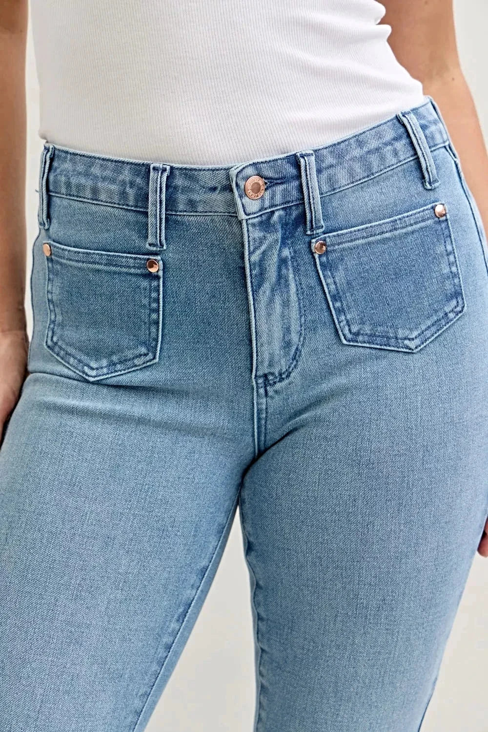 Judy Blue Full Size Mid Rise Bootcut Jeans with Contrast Wash & Front Patch Pockets Plus Size -