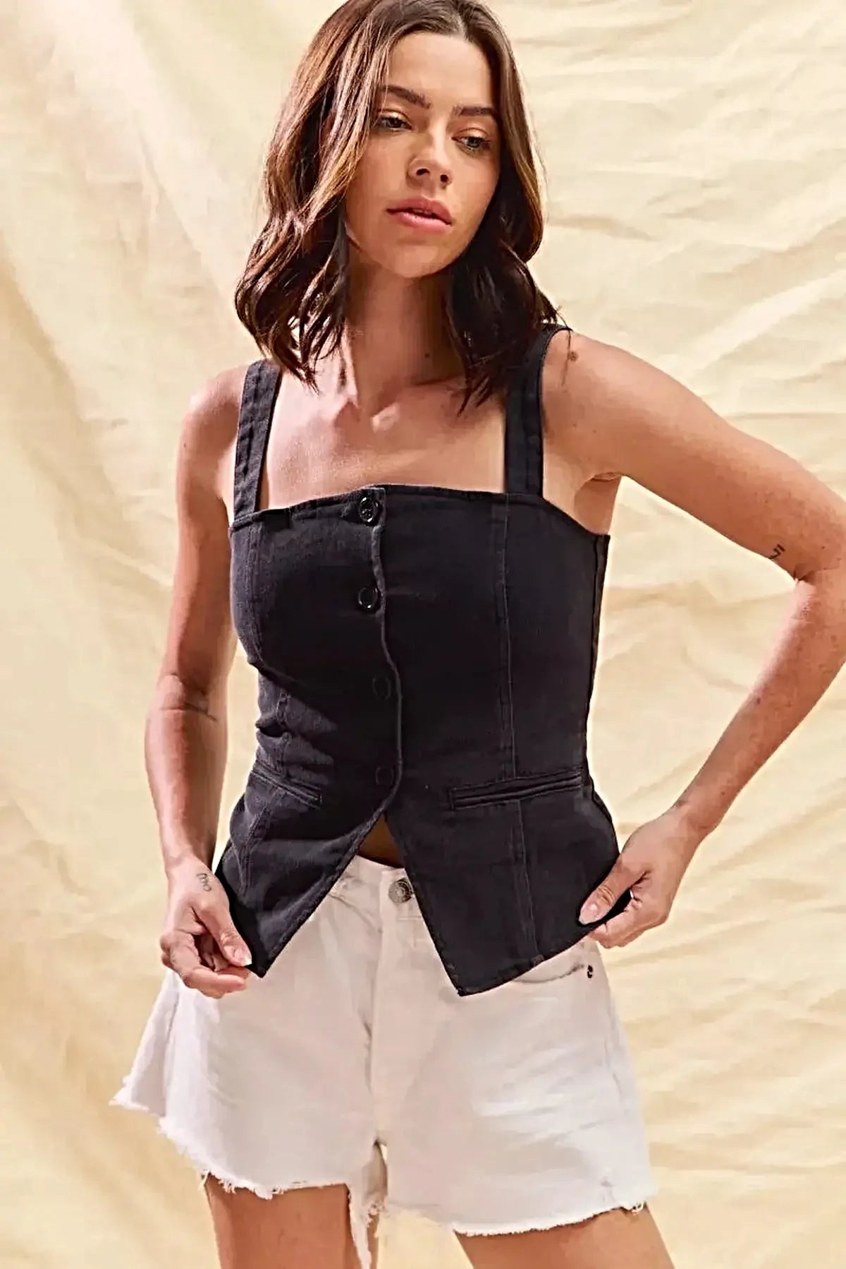 SO ME Button Down Sleeveless Game Day Fitted Denim Top -