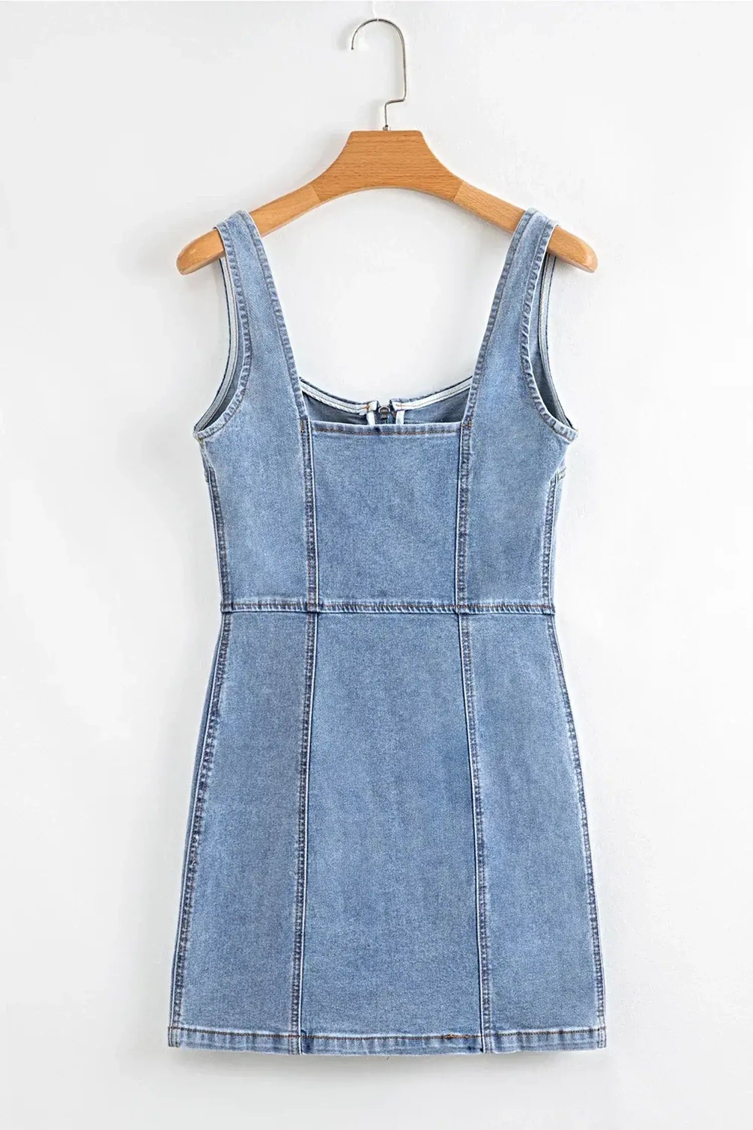 Elegant Square Neck Wide Strap Denim Dress for Women - Classic Style with Zipper Closure -