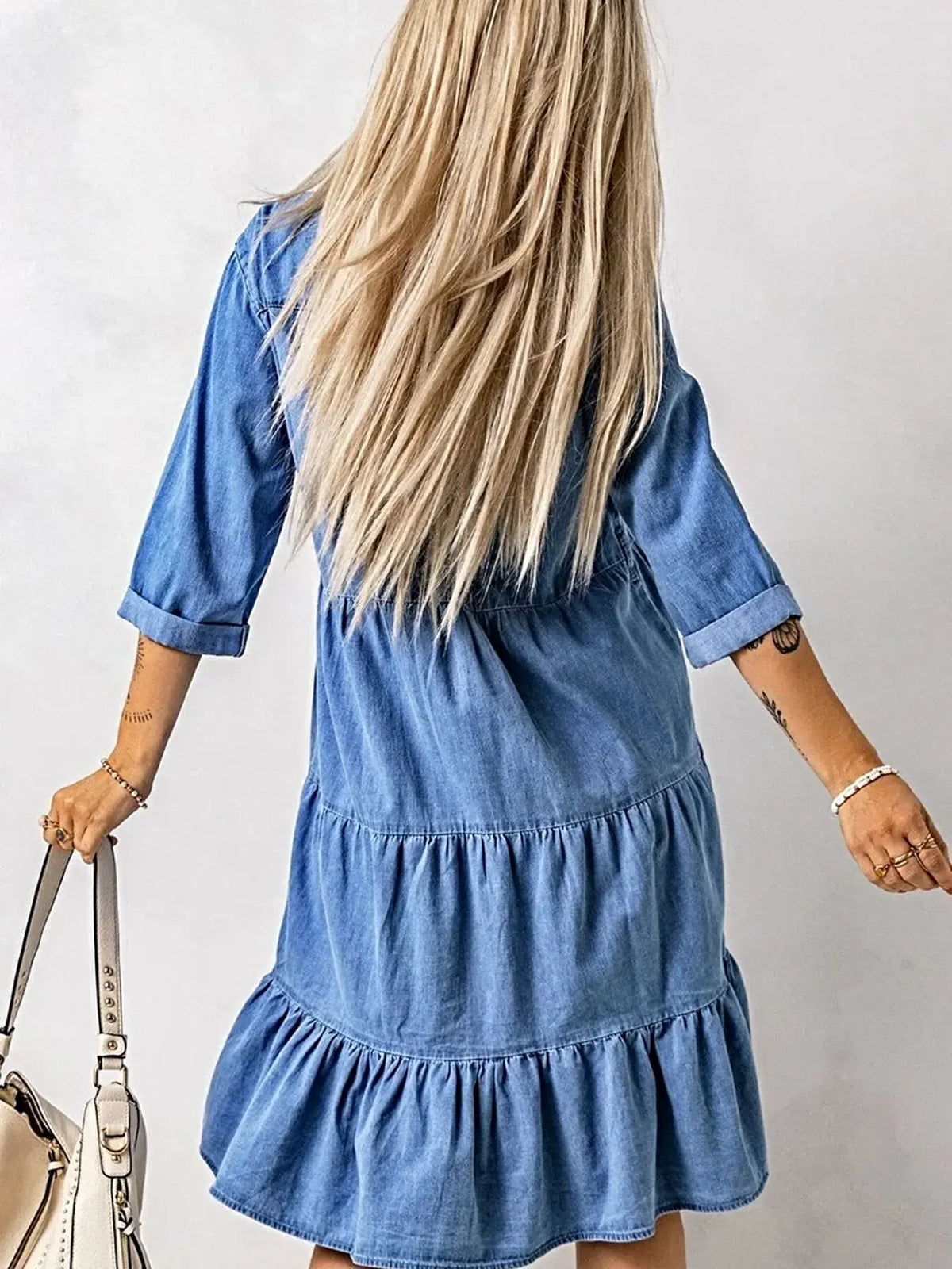 Full Size Ruffled Hem Button Up Denim Midi Dress Plus Size -