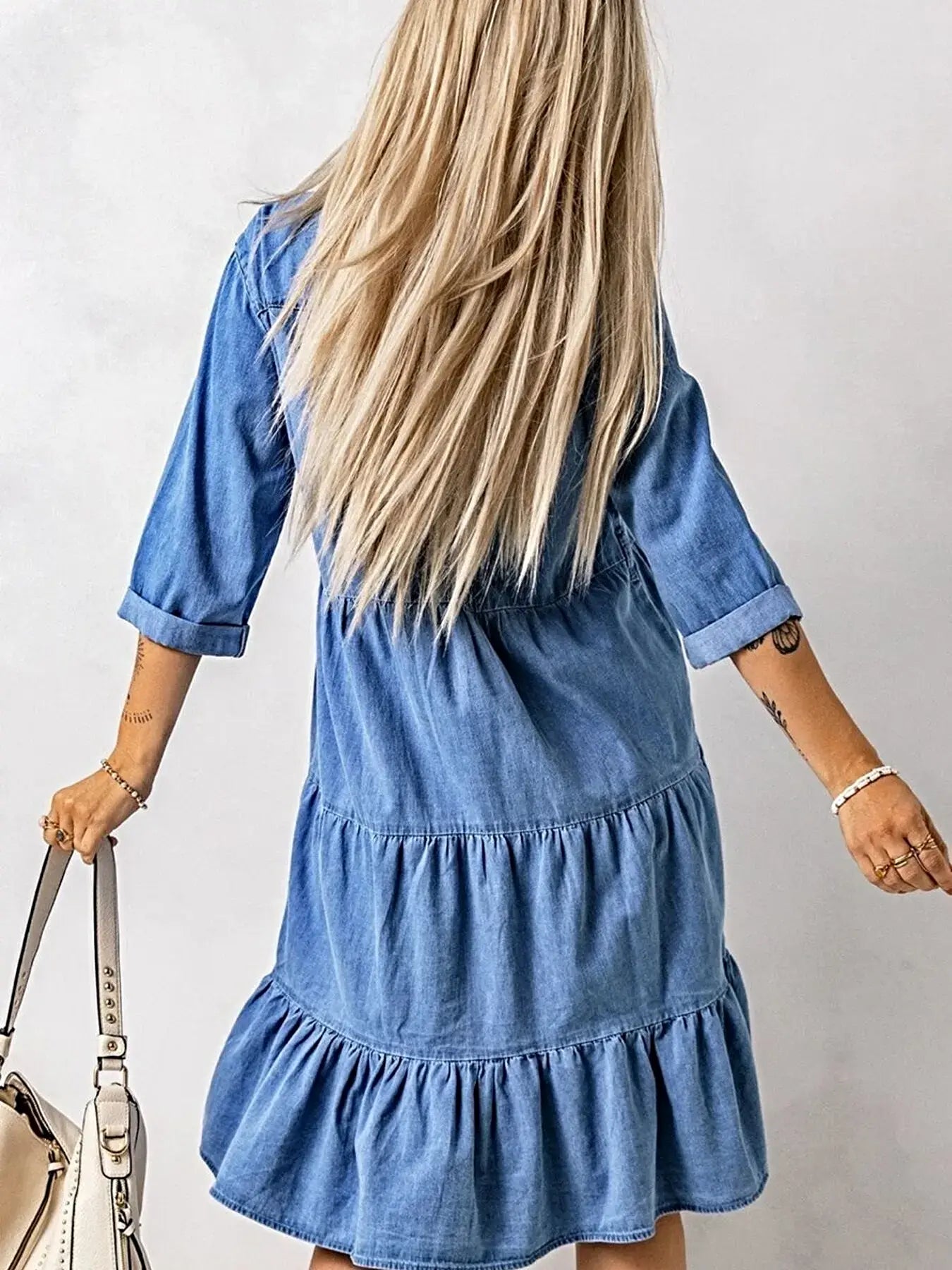 Full Size Ruffled Hem Button Up Denim Midi Dress Plus Size -