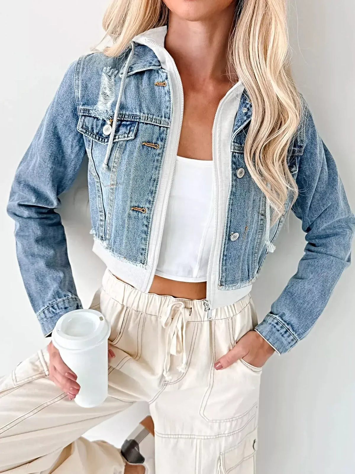 Distressed Zip Up Cropped Hooded Denim Jacket -