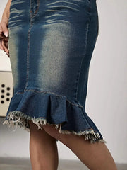Raw Hem Mermaid Denim Skirt -