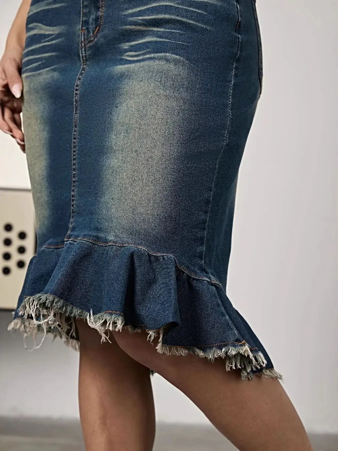 Raw Hem Mermaid Denim Skirt -