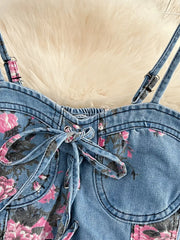 Floral Print Sweetheart Neck Cami and Skirt Denim Set -