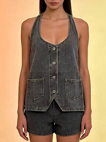 Halter Neck Button-Down Denim Vest -