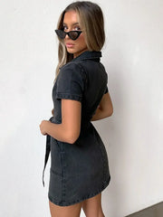 Full Size Zip Front Short Sleeve Denim Dress Plus Size -