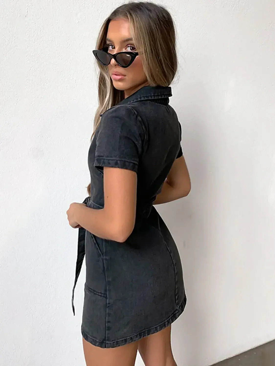Full Size Zip Front Short Sleeve Denim Dress Plus Size -