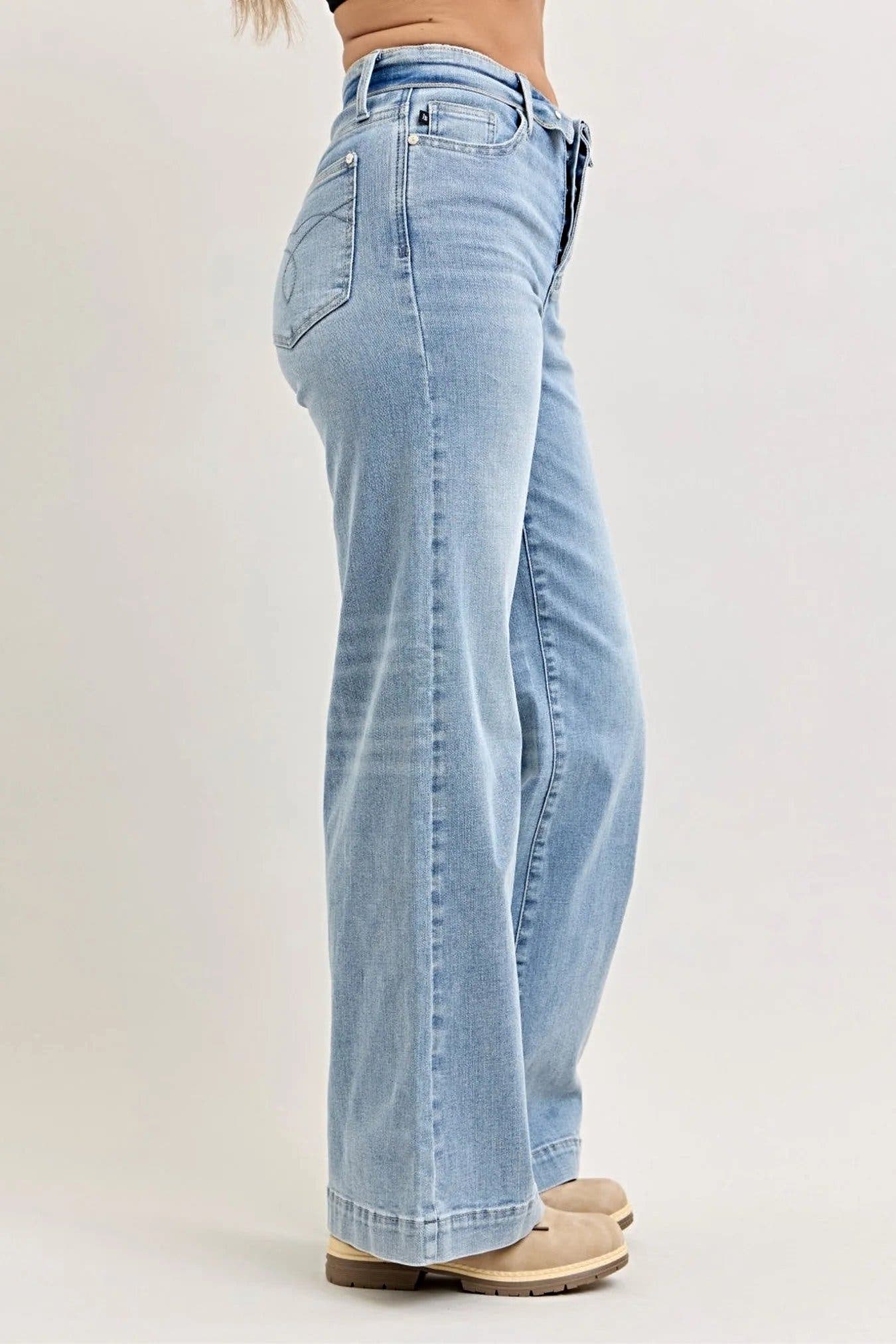 Judy Blue Mid Rise Retro Wide Leg Jeans with Fold-over Waistband -