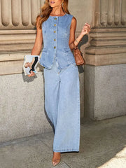 Button Down Vest and Wide Leg Jeans Denim Set -