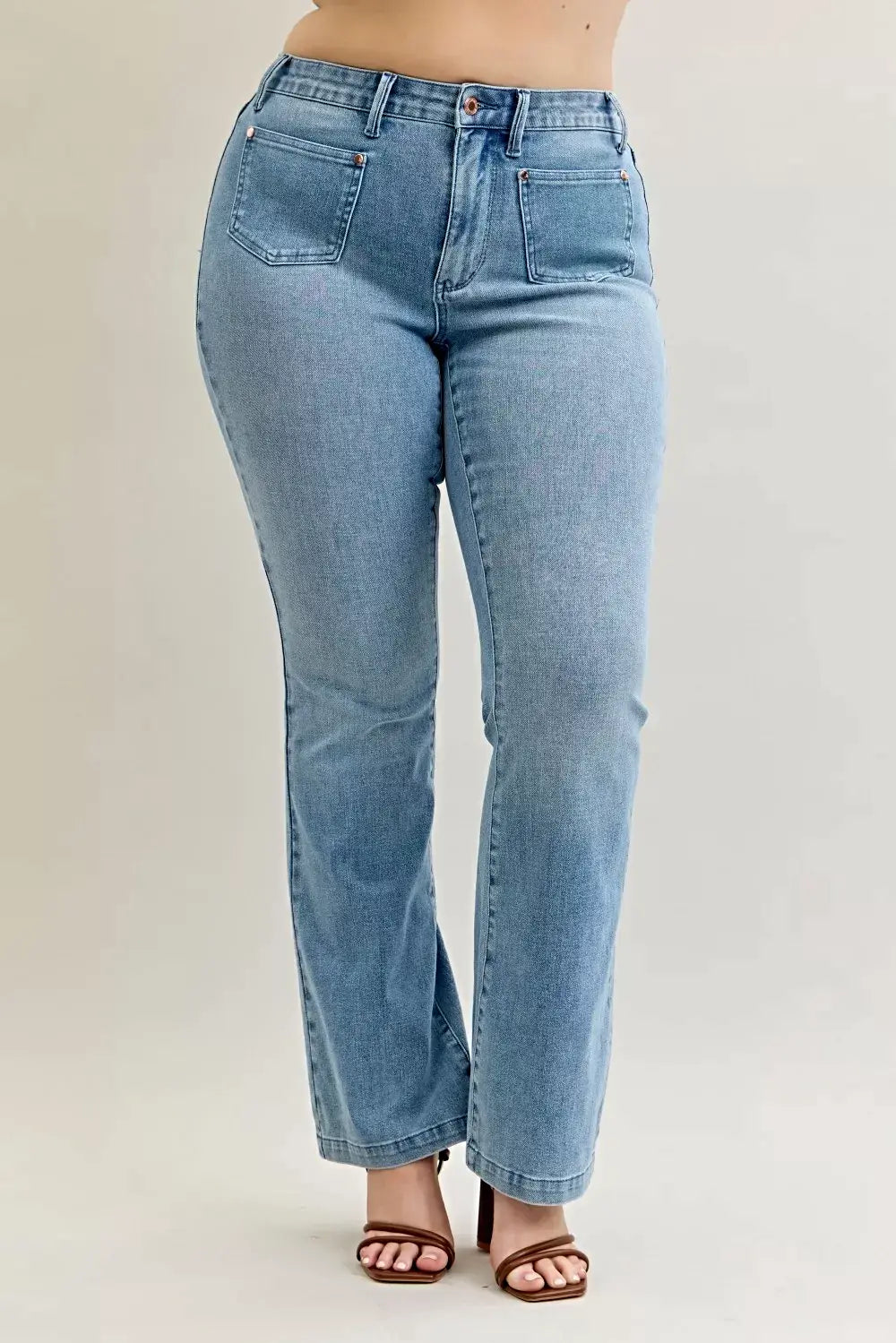Judy Blue Full Size Mid Rise Bootcut Jeans with Contrast Wash & Front Patch Pockets Plus Size -