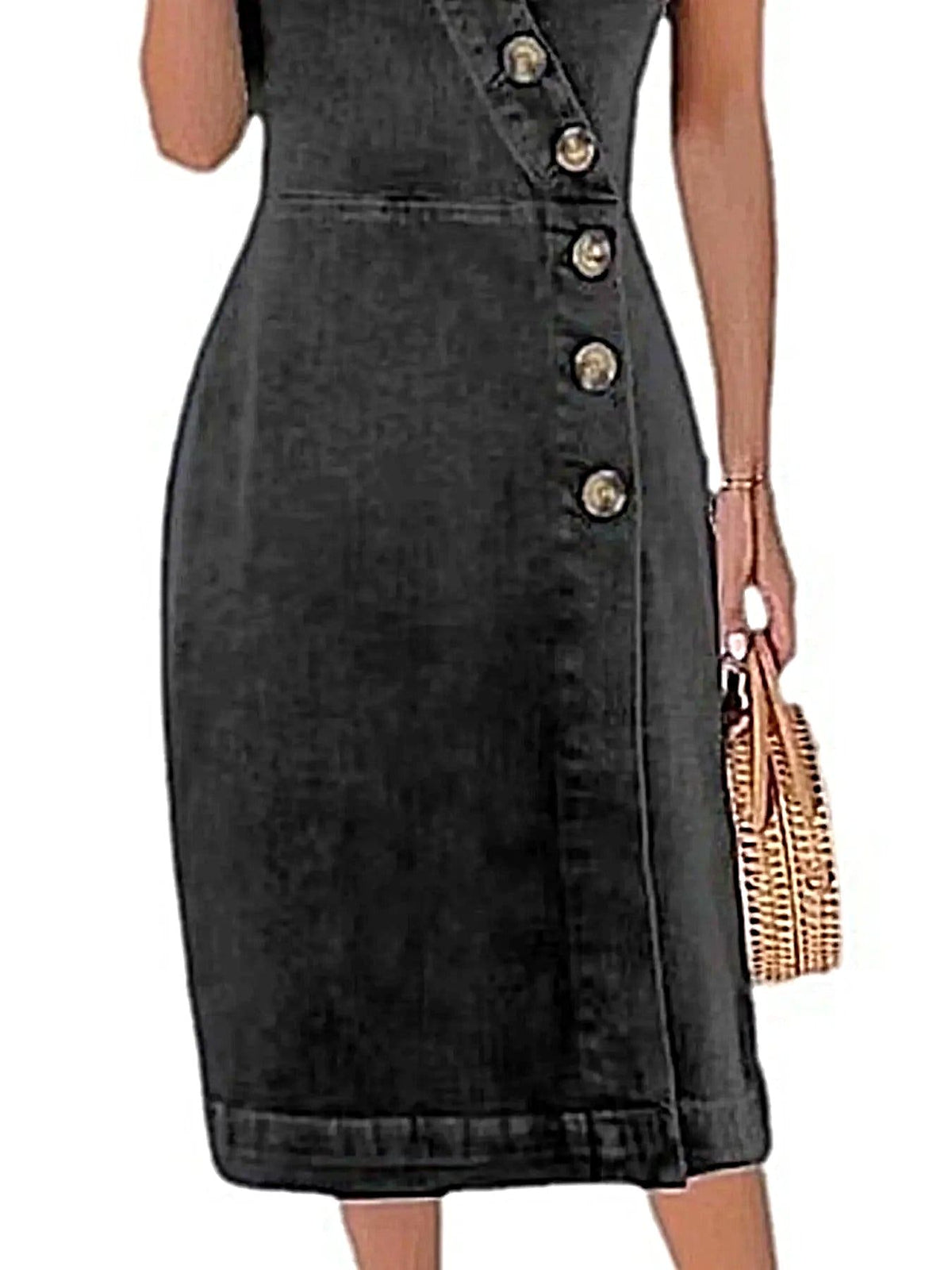 Chic Button-Front Sleeveless Denim Dress with Classic Cotton Blend, Sizes S-2XL -