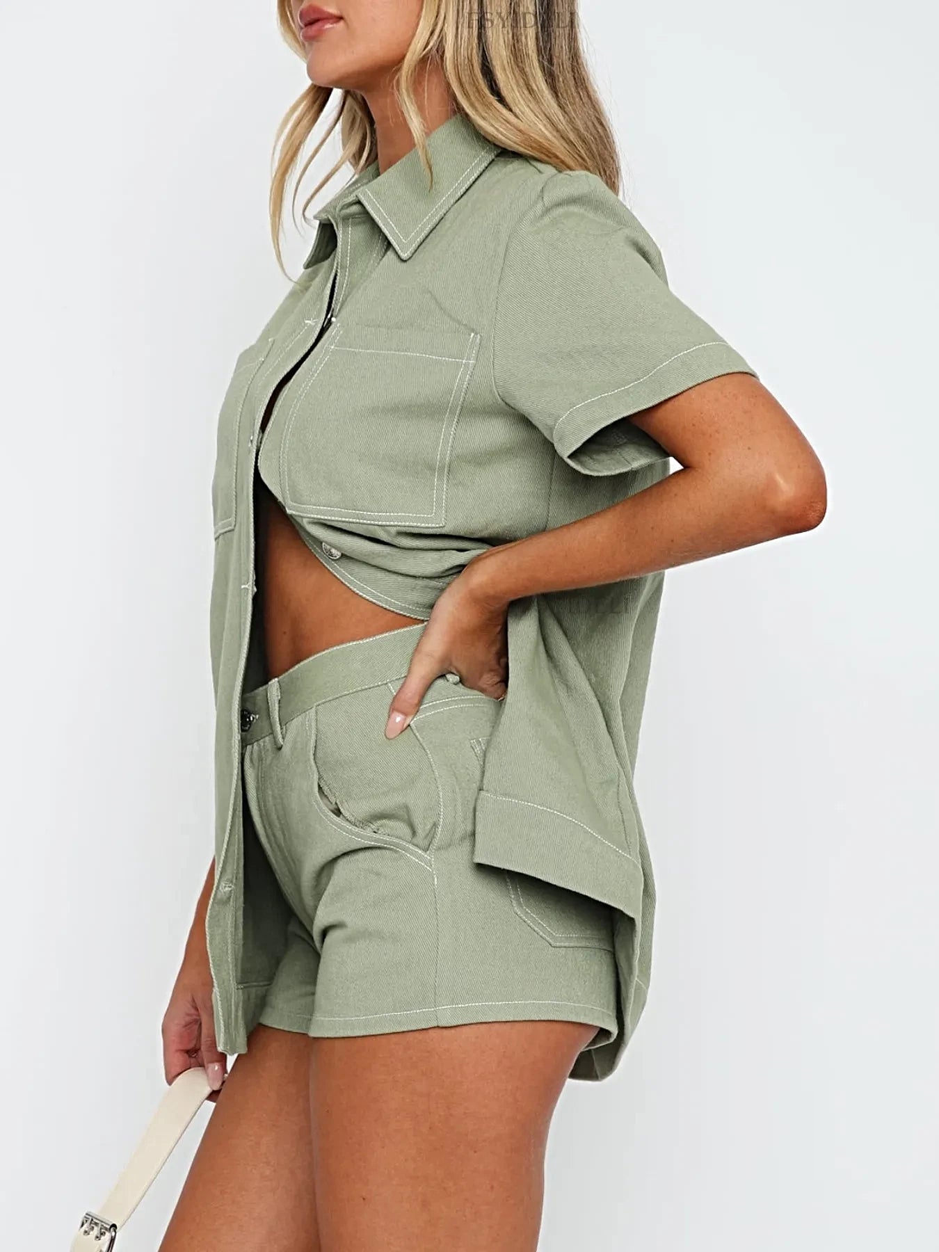 Button Up Short Sleeve Top and Shorts Denim Set -