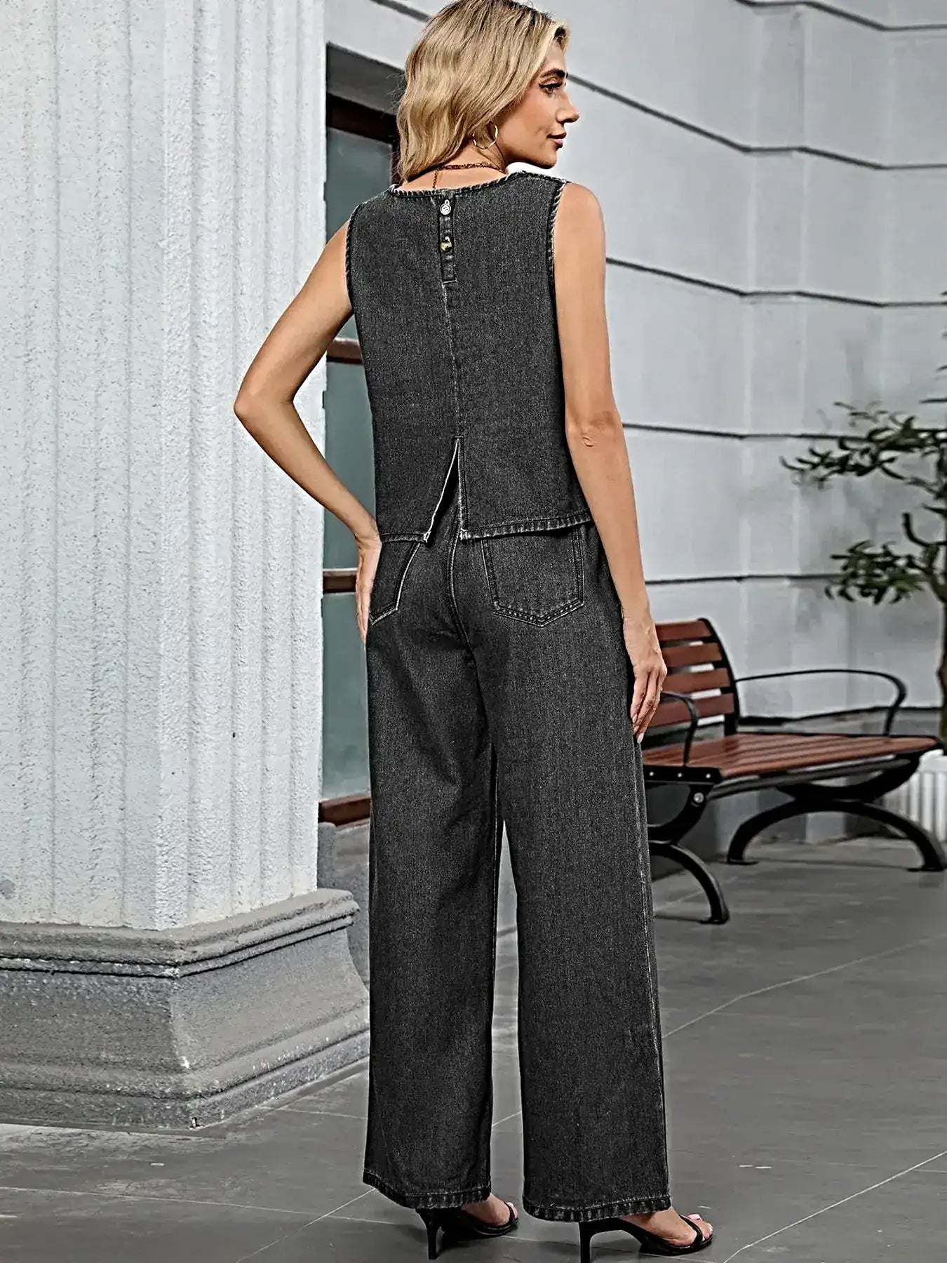 Round Neck Tank and Pants Denim Set -