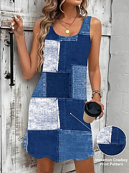 Patchwork Denim Dress - Scoop Neck Sleeveless Midi with Pockets - Versatile and Stylish -
