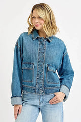 RISEN Oversized Cargo Pocket Denim Jacket with Cuffed Sleeves -