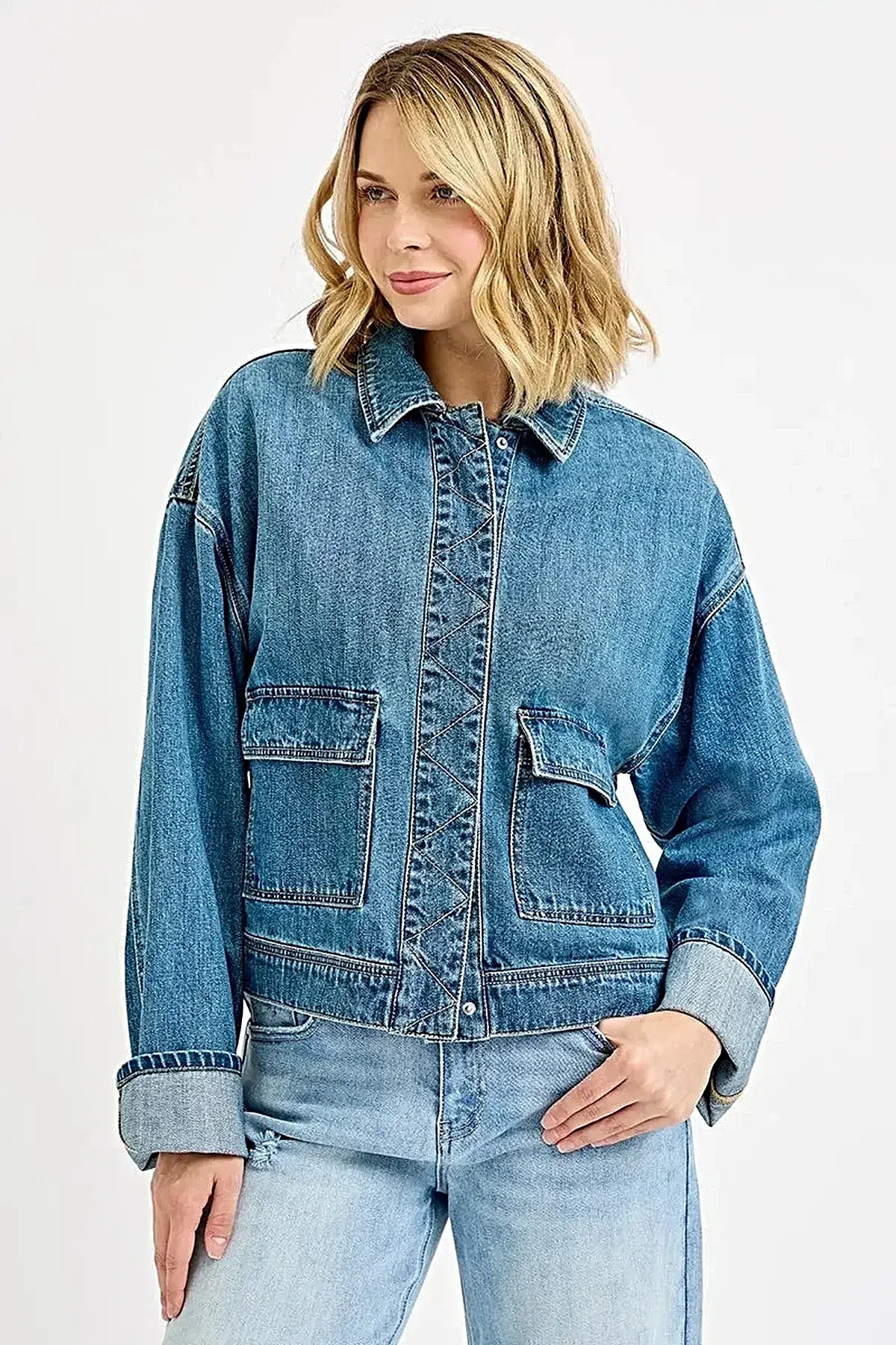 RISEN Oversized Cargo Pocket Denim Jacket with Cuffed Sleeves -