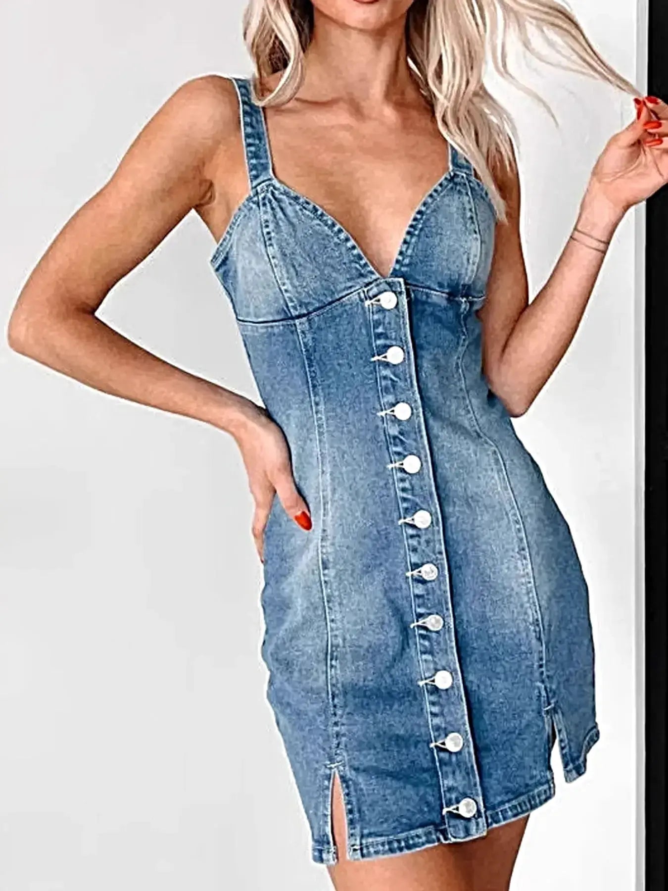 Button Front Sweetheart Neck Denim Mini Dress -