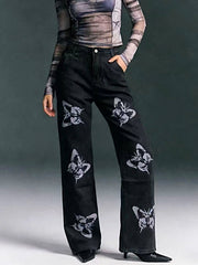 Butterfly Print High-Waisted Wide Leg Jeans -
