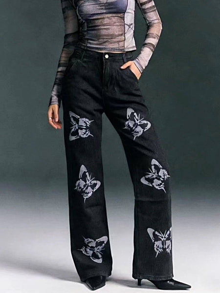 Butterfly Print High-Waisted Wide Leg Jeans -